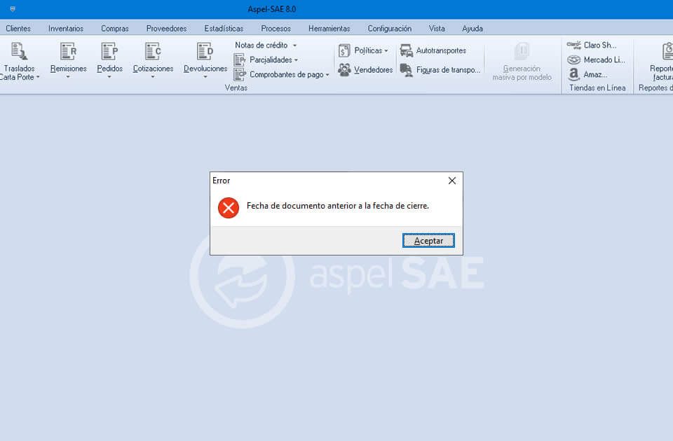 error aspel sae fecha documento anterior fecha cierre