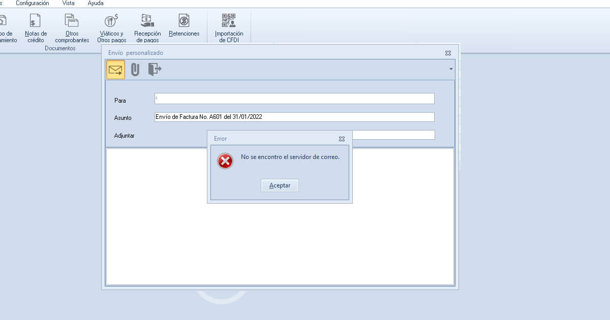 no se encontro servidor correo aspel sae facture caja